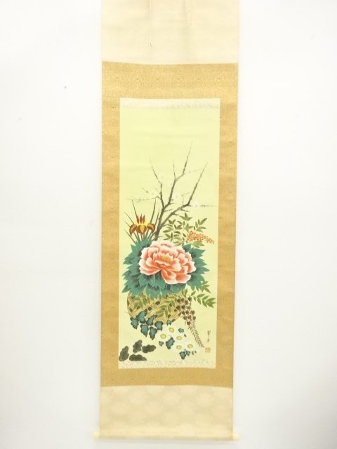 翠芳筆　四季花図　肉筆絹本掛軸